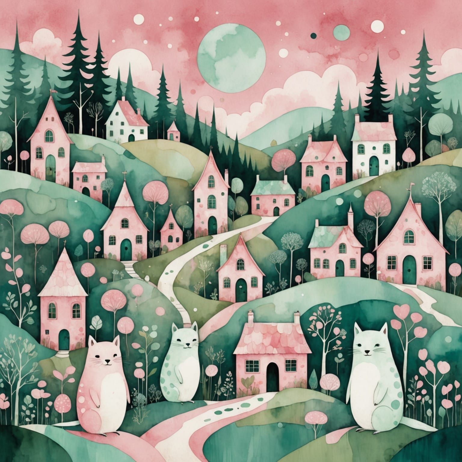 Whimsical Anthropomorphic Village in Art Nouveau Style