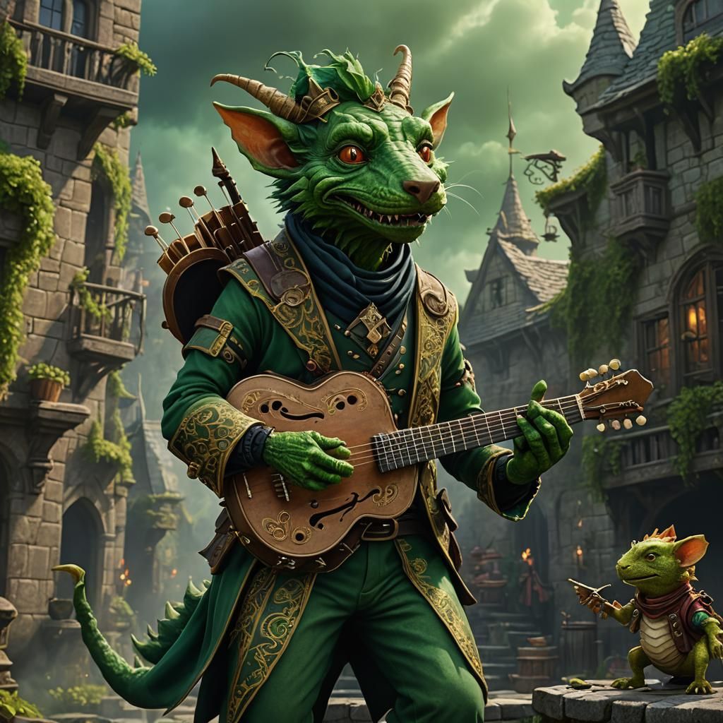 Green Kobold Bard with Accordion, Detailed Matte Painting