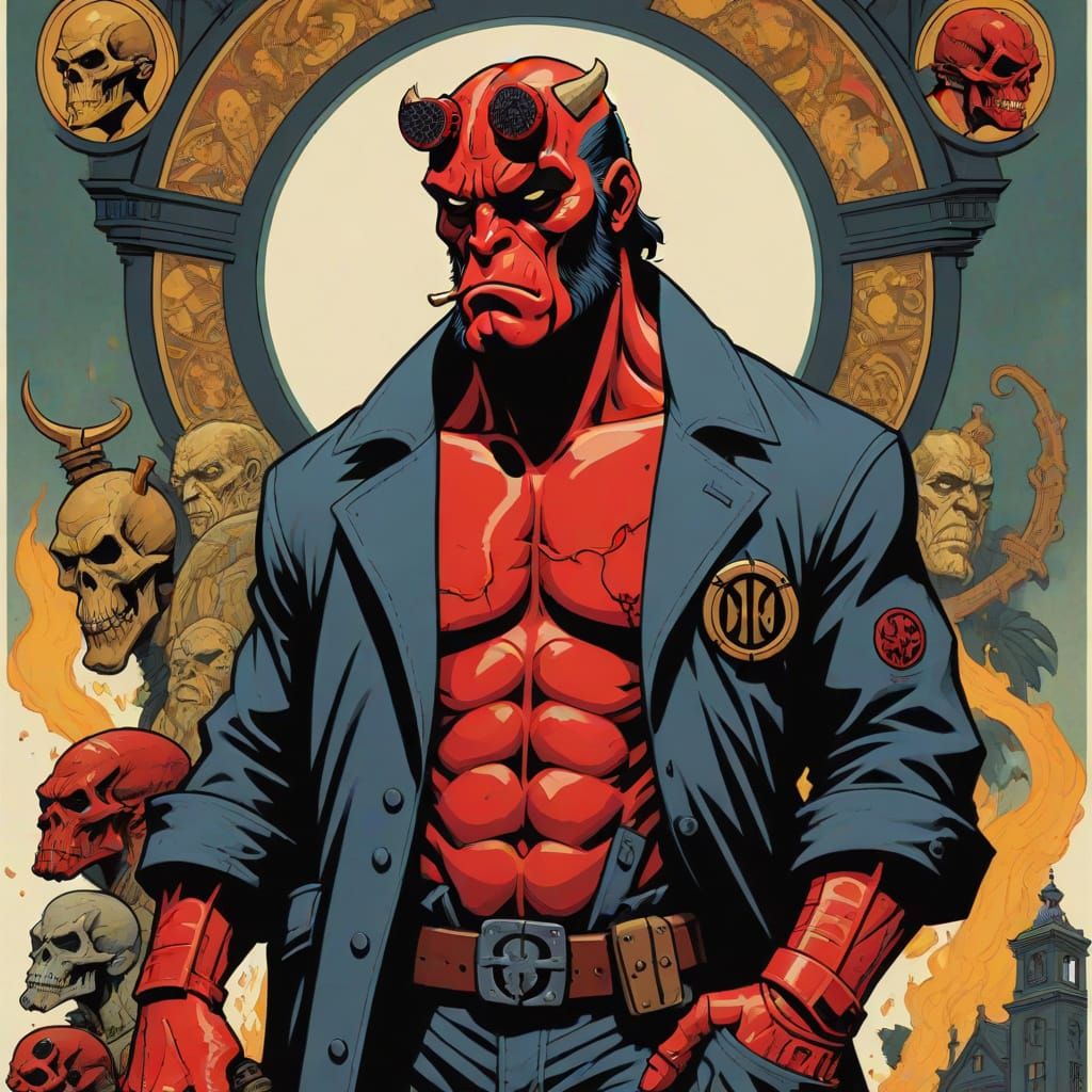 Hellboy Portrait in Ed Hardy and Norman Rockwell Styles