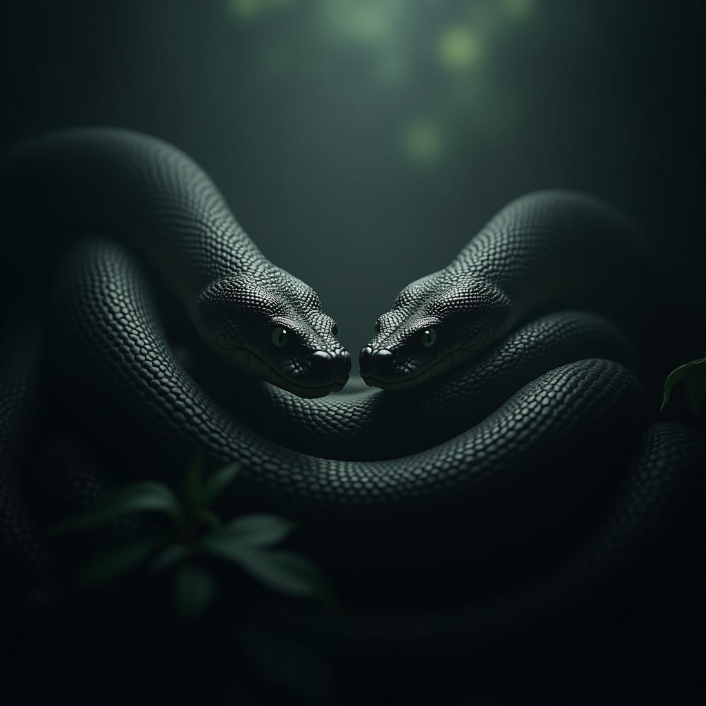 Entwined Snakes Gaze in Misty Dreamscape