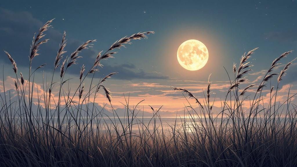 Twilight Grasses Under Moon, Dreamscape Painting