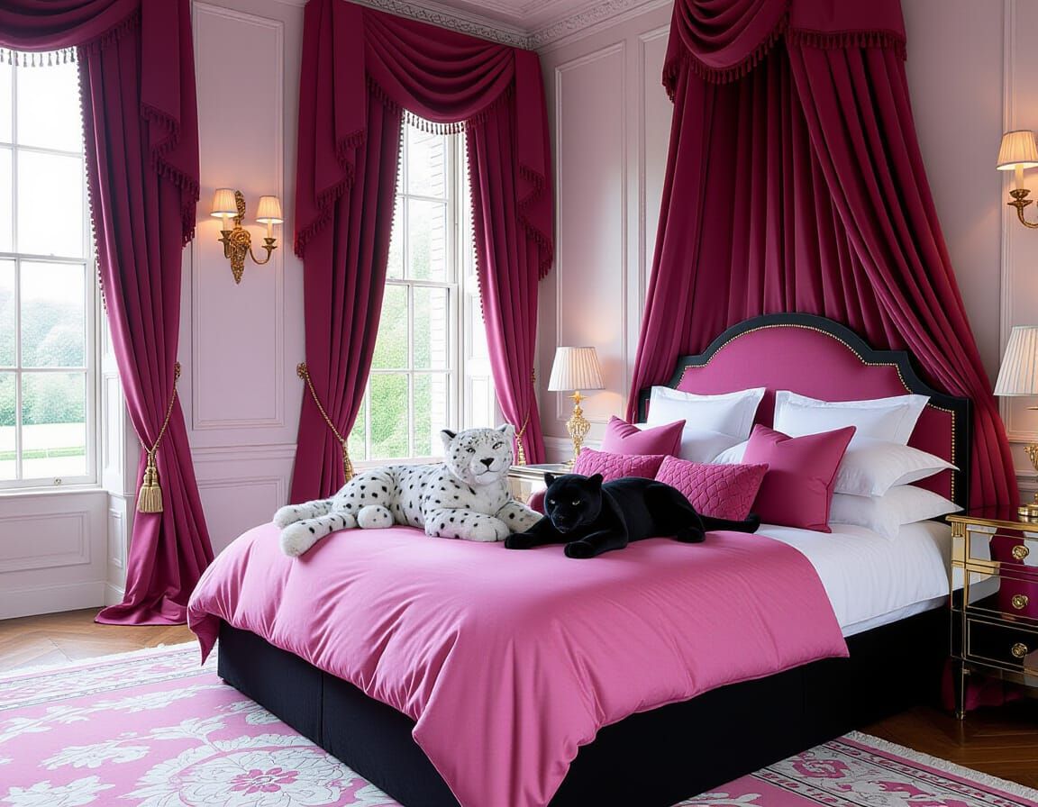 Snow Leopard and Panther Plushies Cuddled on Pink Duvet