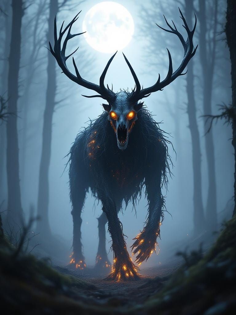 Terrifying Hollow Elk in Misty Woods
