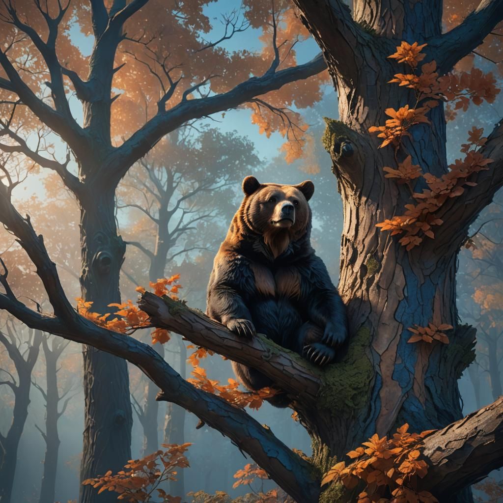 Fantasy Bear Enthroned Amidst Whimsical Tree Landscape