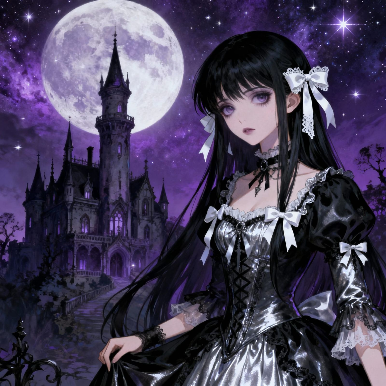 Gothic Anime Girl in Victorian Castle Under Galactic Sky