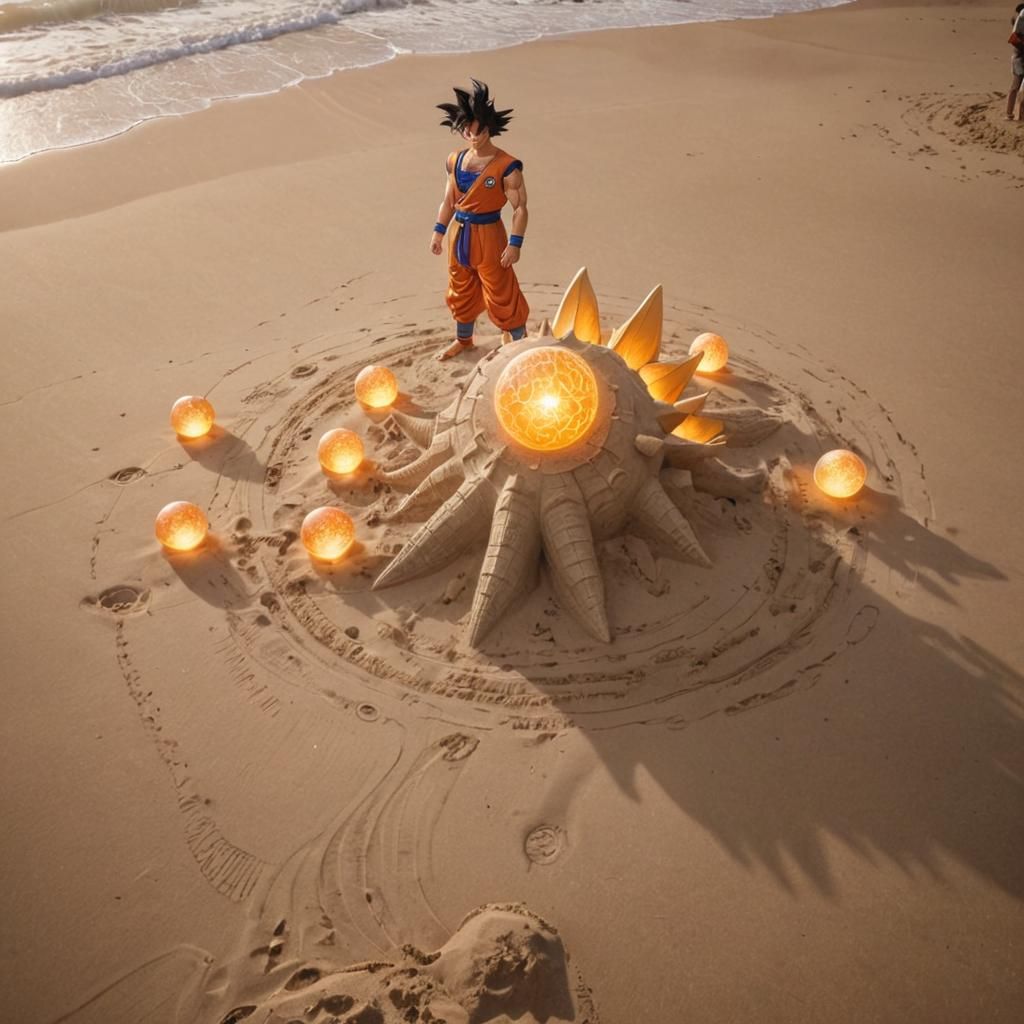 Goku on Beach with Dragon, Ethereal Concept Art