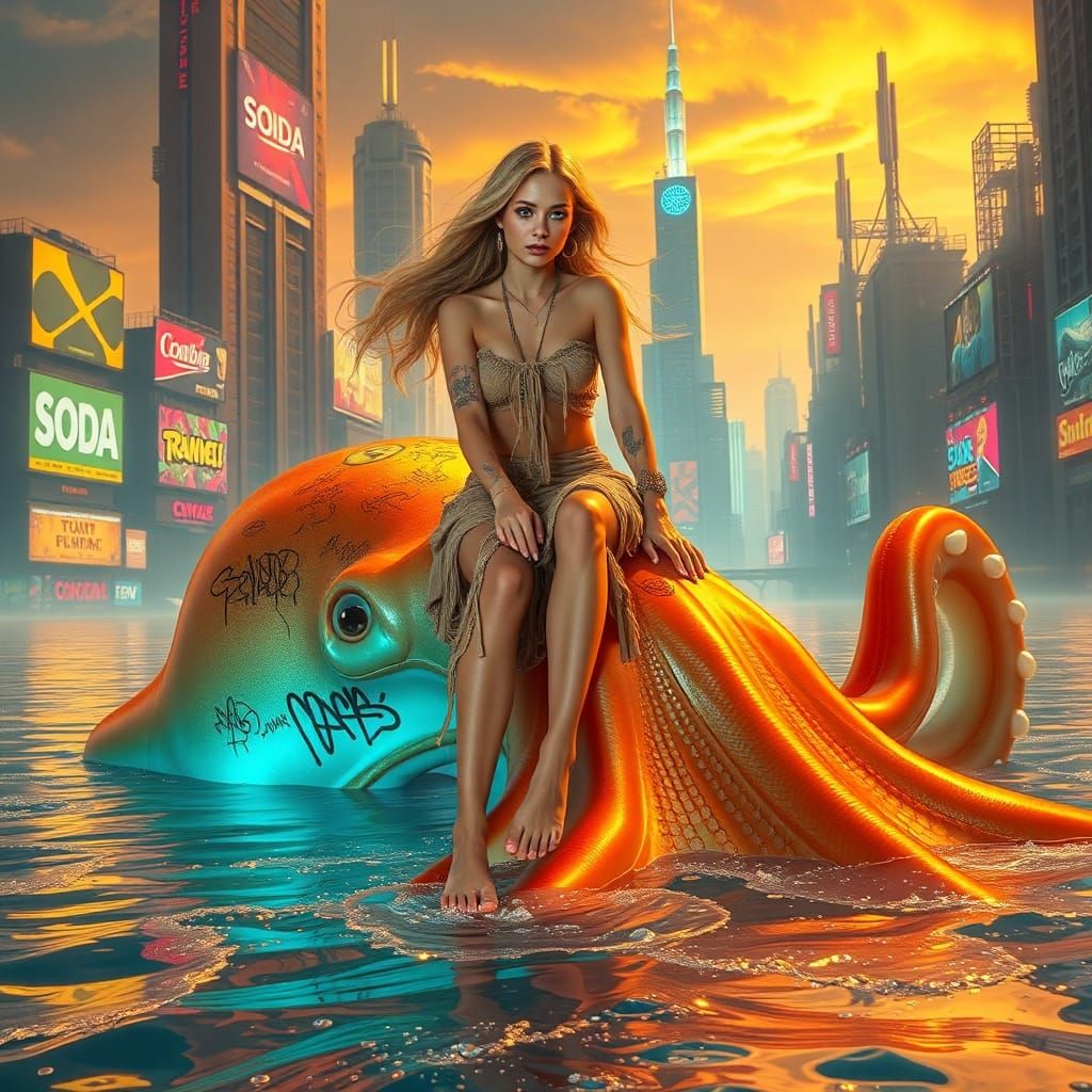 Luminous Bohemian Woman on Iridescent Squid in Surreal Soda ...
