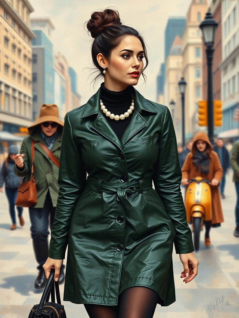 Brunette Woman in Green Dress Collage Portrait