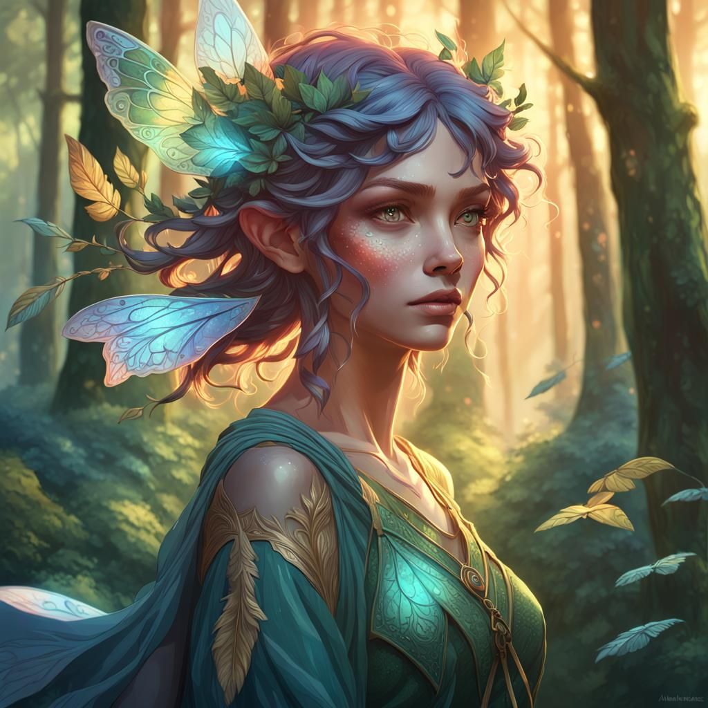 Detailed Fae in Sunset Forest, Hyperdetailed Portrait
