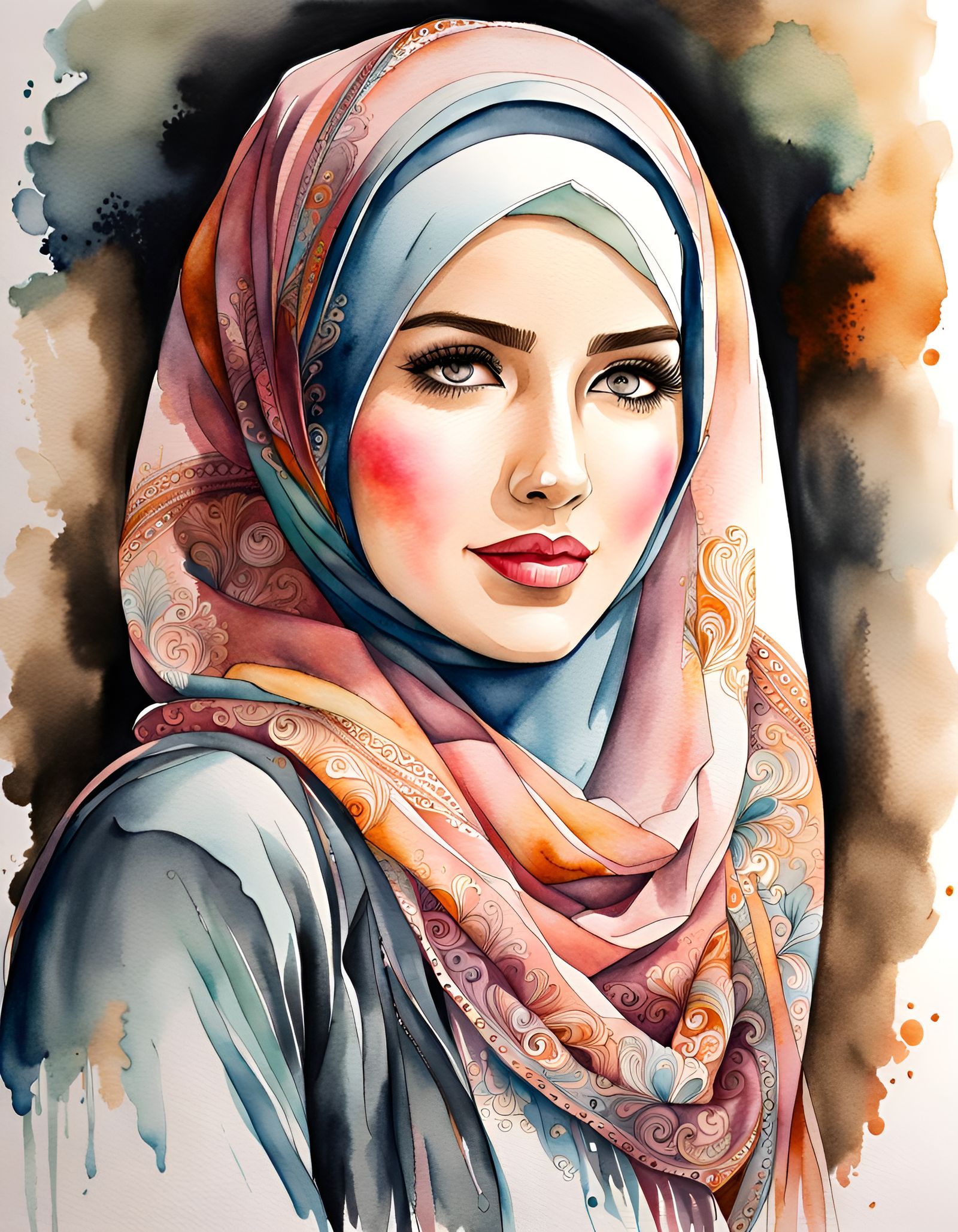 Watercolor Portrait of Woman in Hijab