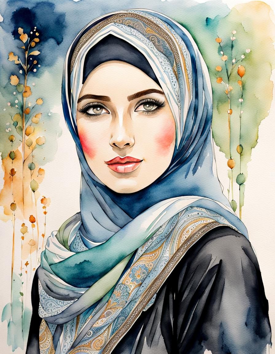Cute German Woman in Hijab: Watercolor Art