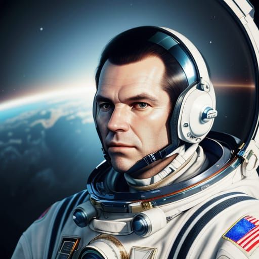 Cosmonaut Gagarin in Spacesuit Against Starry Background