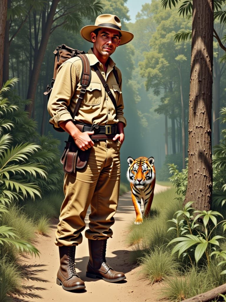 American Trapper Hunting Bengal Tiger in 1930s Pulp Art