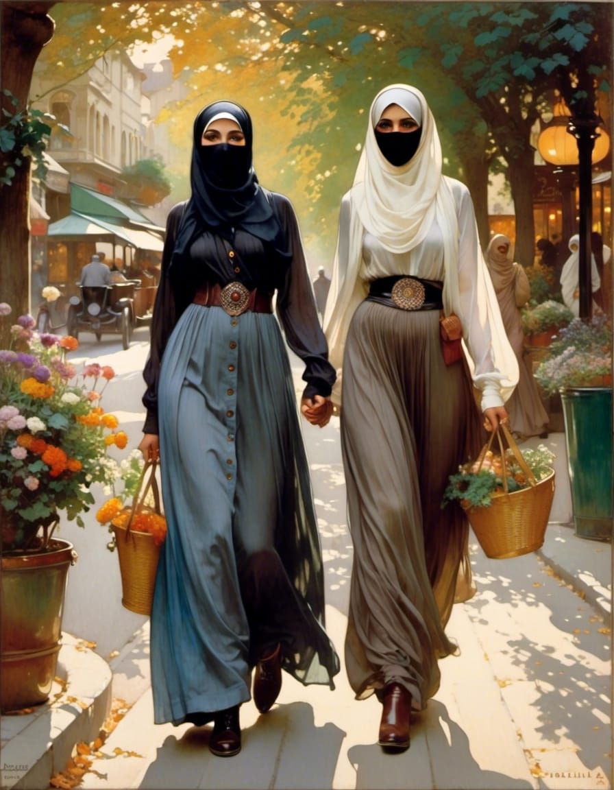 Niqabi Women Stroll in Nostalgic Art Nouveau City