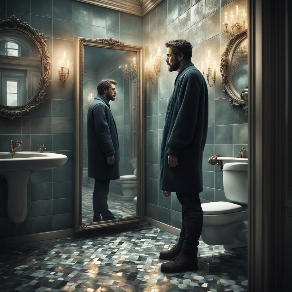 Sad Person Looks at Reflection in Mirror