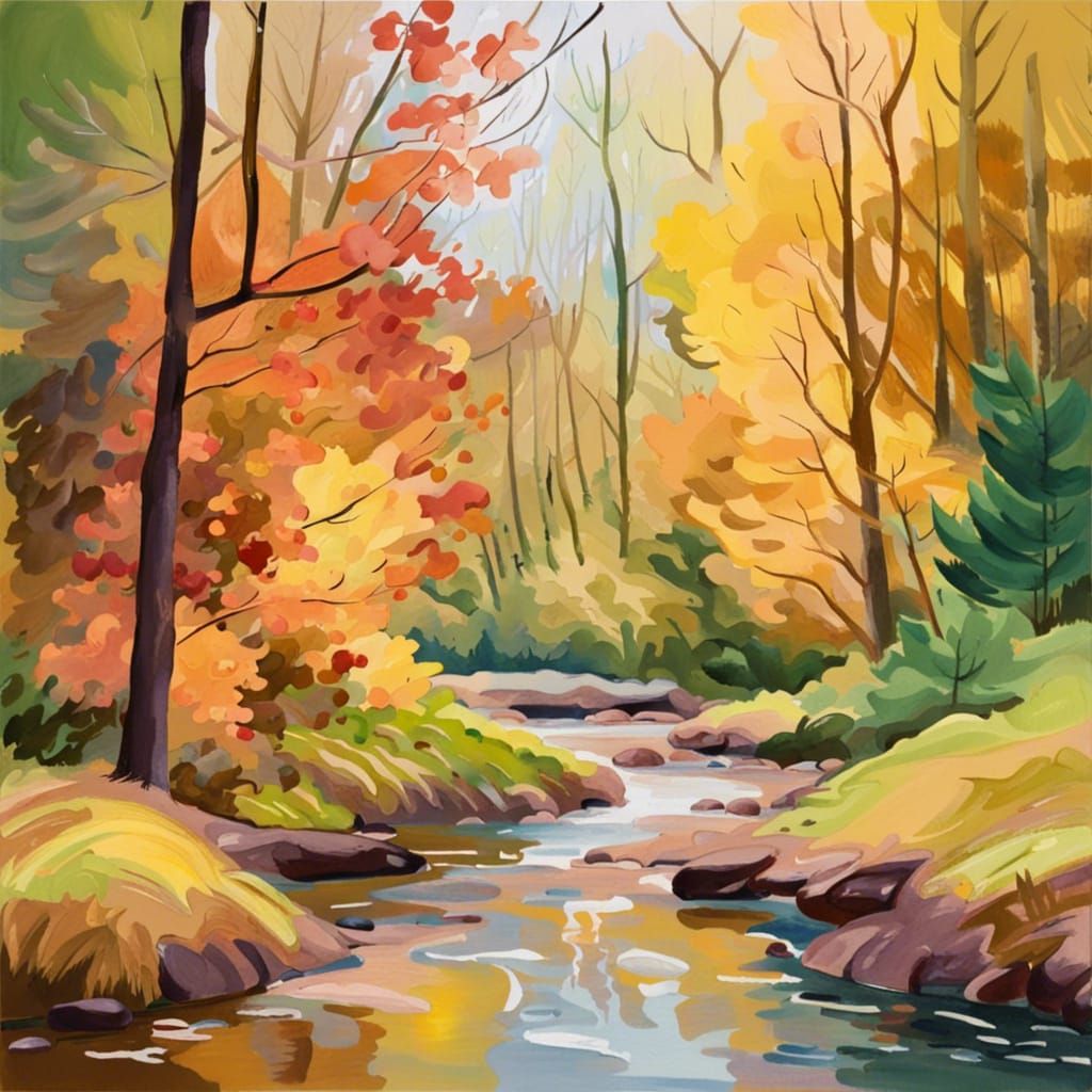 Impressionist Autumn Landscape with Creek in Gouache Style