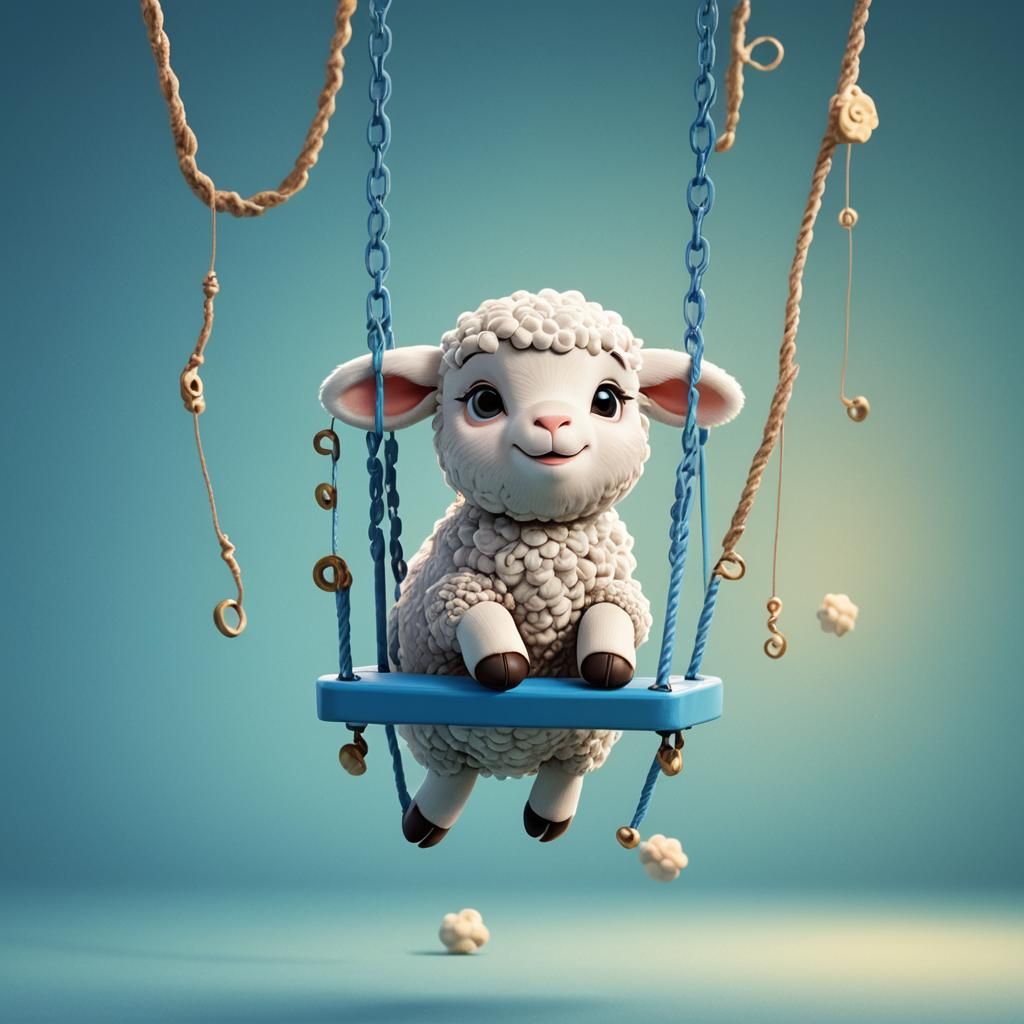 Little Lamb on a Blue Swing in 3D