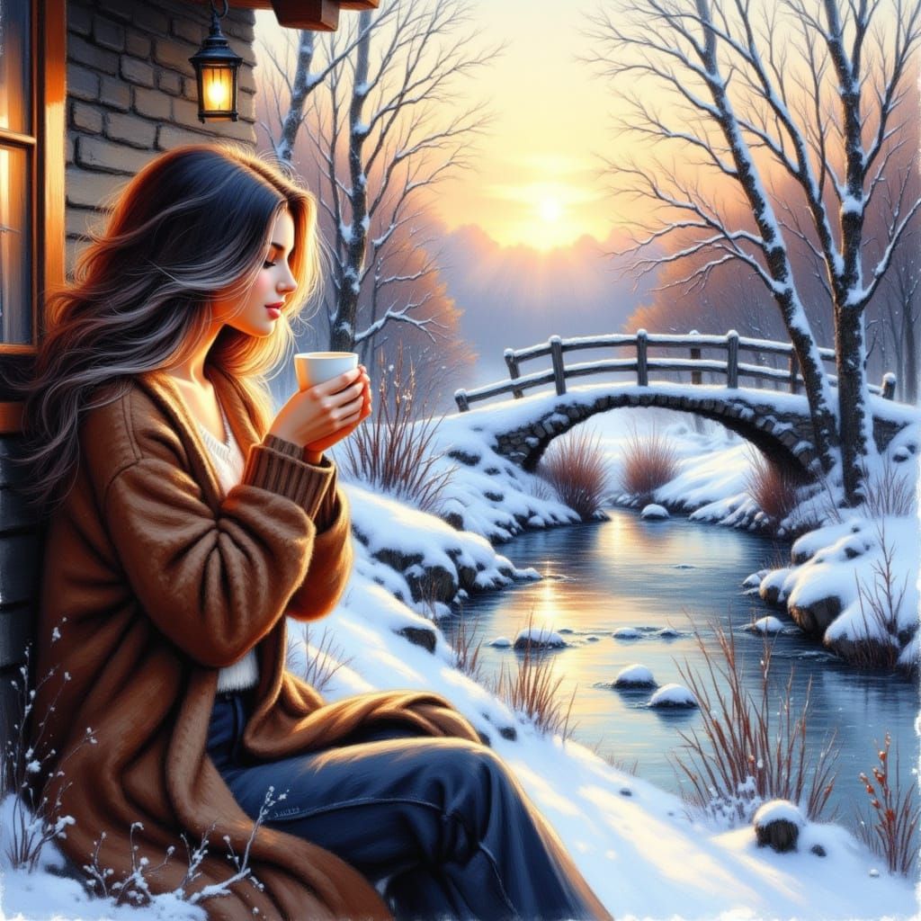 Woman Enjoying Coffee in Snowy Landscape, Oil and Watercolor...