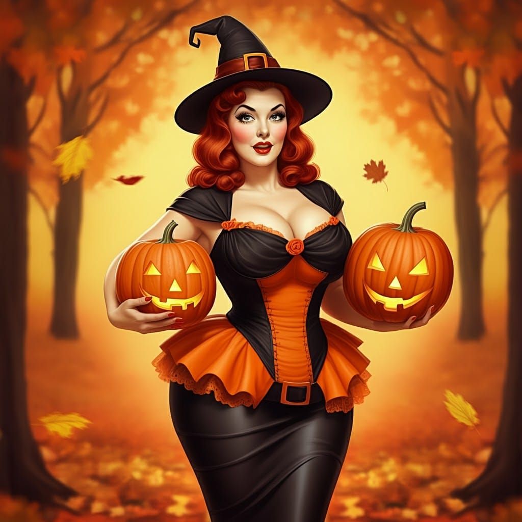 Retro Pinup Witch with Pumpkins in Vargas Style