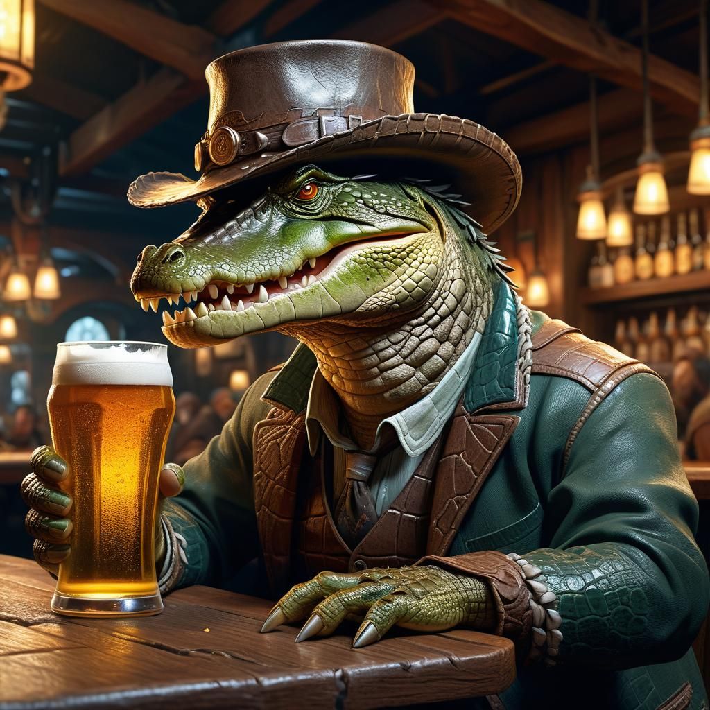 Crocodile Person Portrait in Tavern, Hyperdetailed