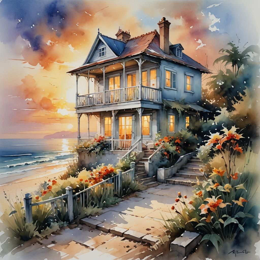 Beach House Watercolor Painting at Sunset