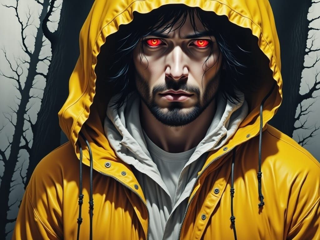 Sad Man with Red Eyes in Distorted Portrait