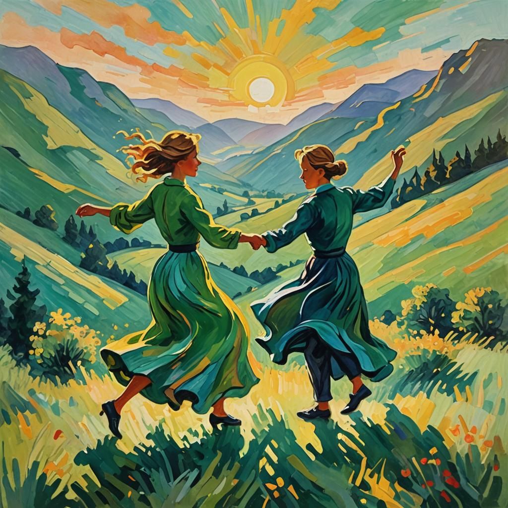 Dancing Figures on Green Mountain: Impressionist Gouache