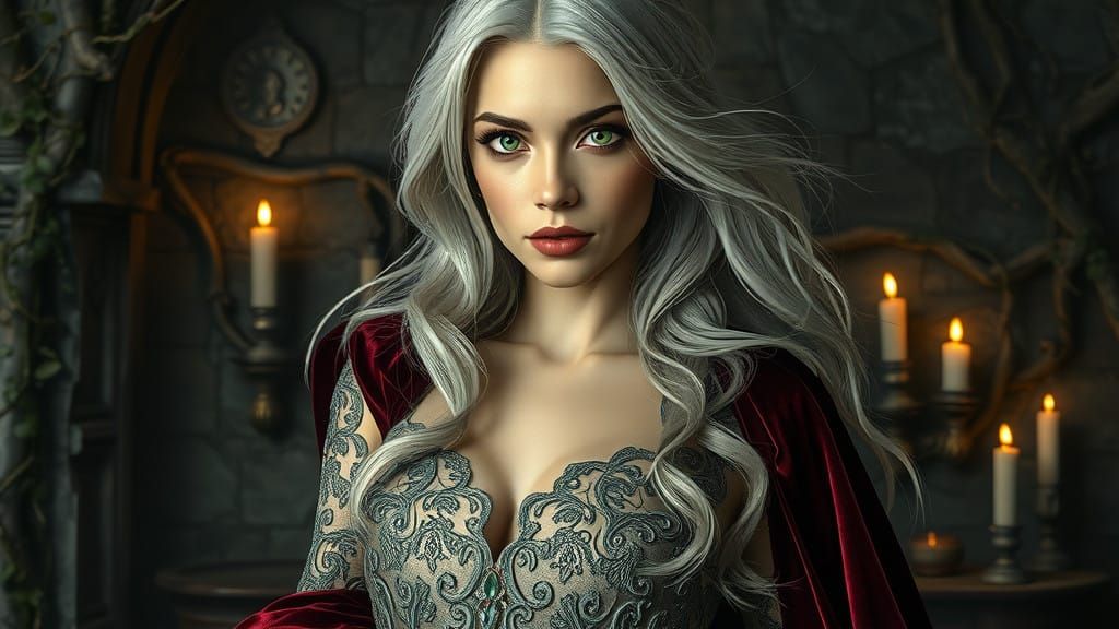 Regal Fantasy Woman Amidst Dark, Ornate Fantasy with Velvet....