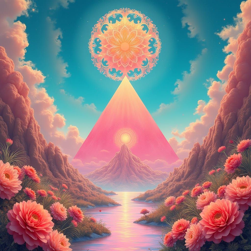 Celestial Pyramids in Vibrant Azure Skies, Adorned with Intr...