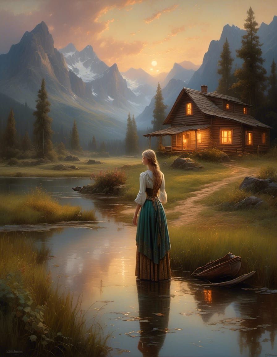 Misty Magical Sunset Landscape With Cabin