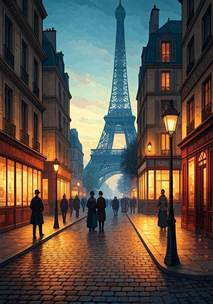 Parisian Twilight Street Scene in Caillebotte Style