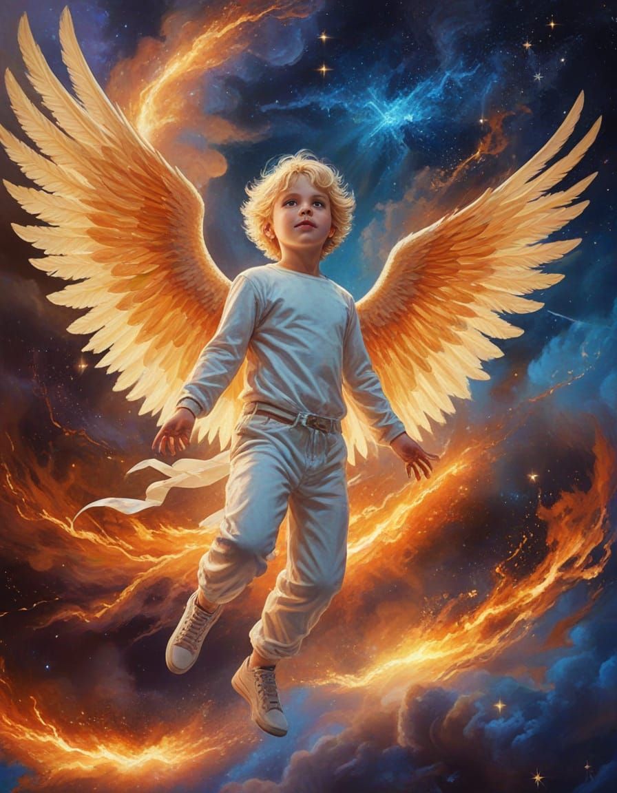 Fire Angel Soaring Through the Cosmos as Oil Painting