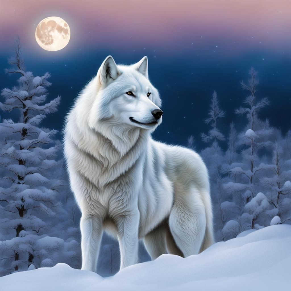 Full moon with ethereal glow behind a humongous white Wolf as snow is layered at its paws
