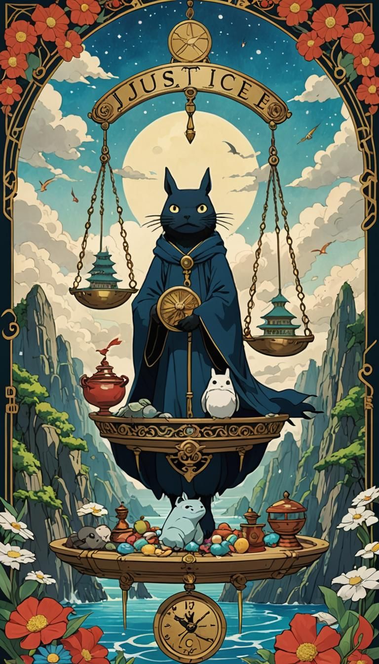 Justice Tarot Card in Studio Ghibli Style