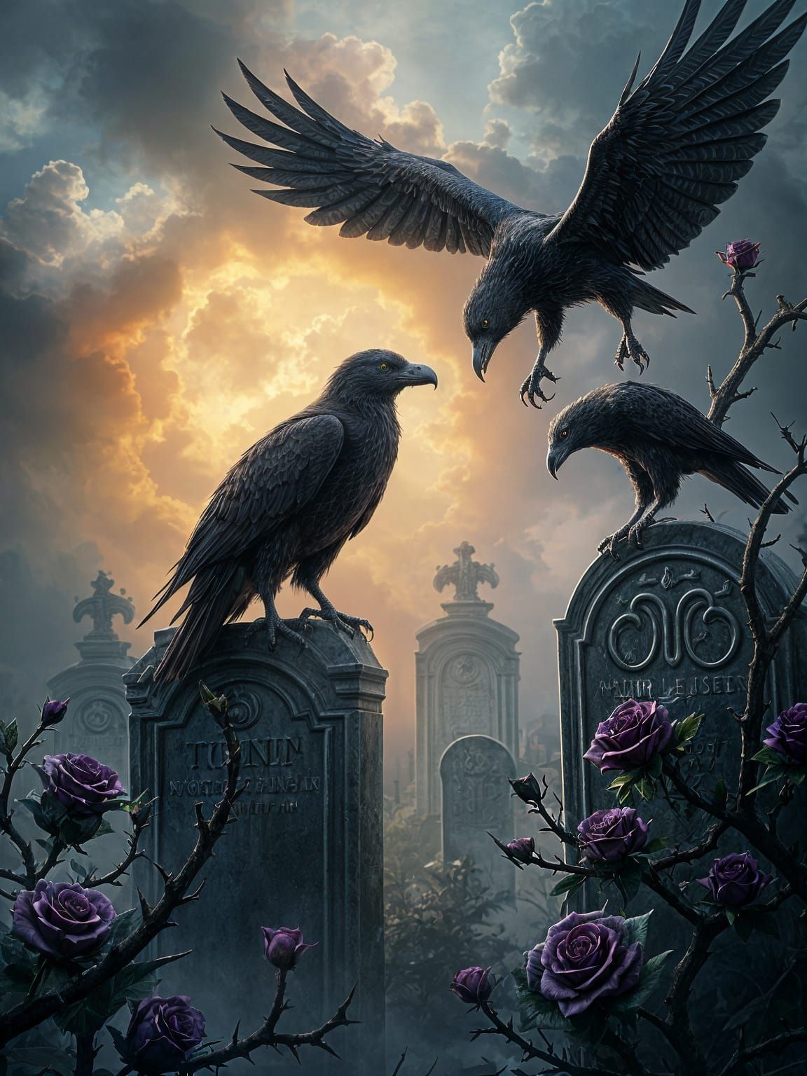 Buzzards on Tombstones Amidst Thorny Black Roses