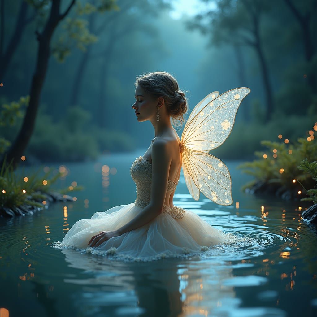 Enchanted Fairy Bathes in Luminous Lake