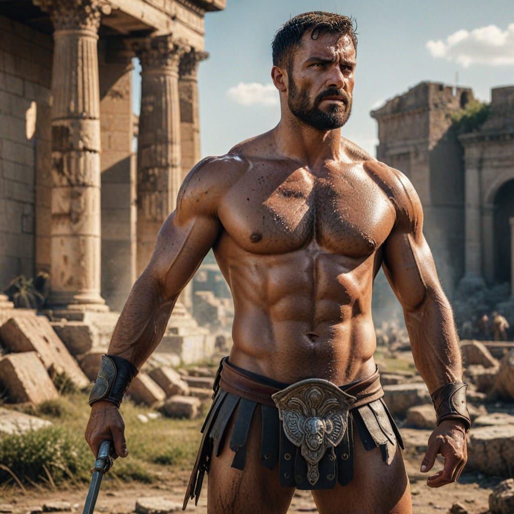 Ancient Roman Warrior in Powerful Stance on Sunlit Battlefie...