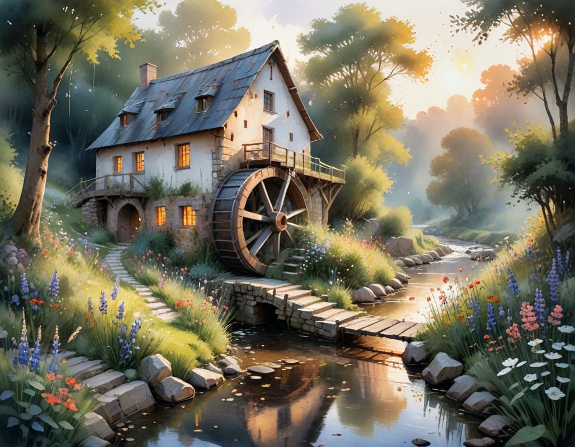 Enchanted Watermill by Glistening Brook: Watercolour Art