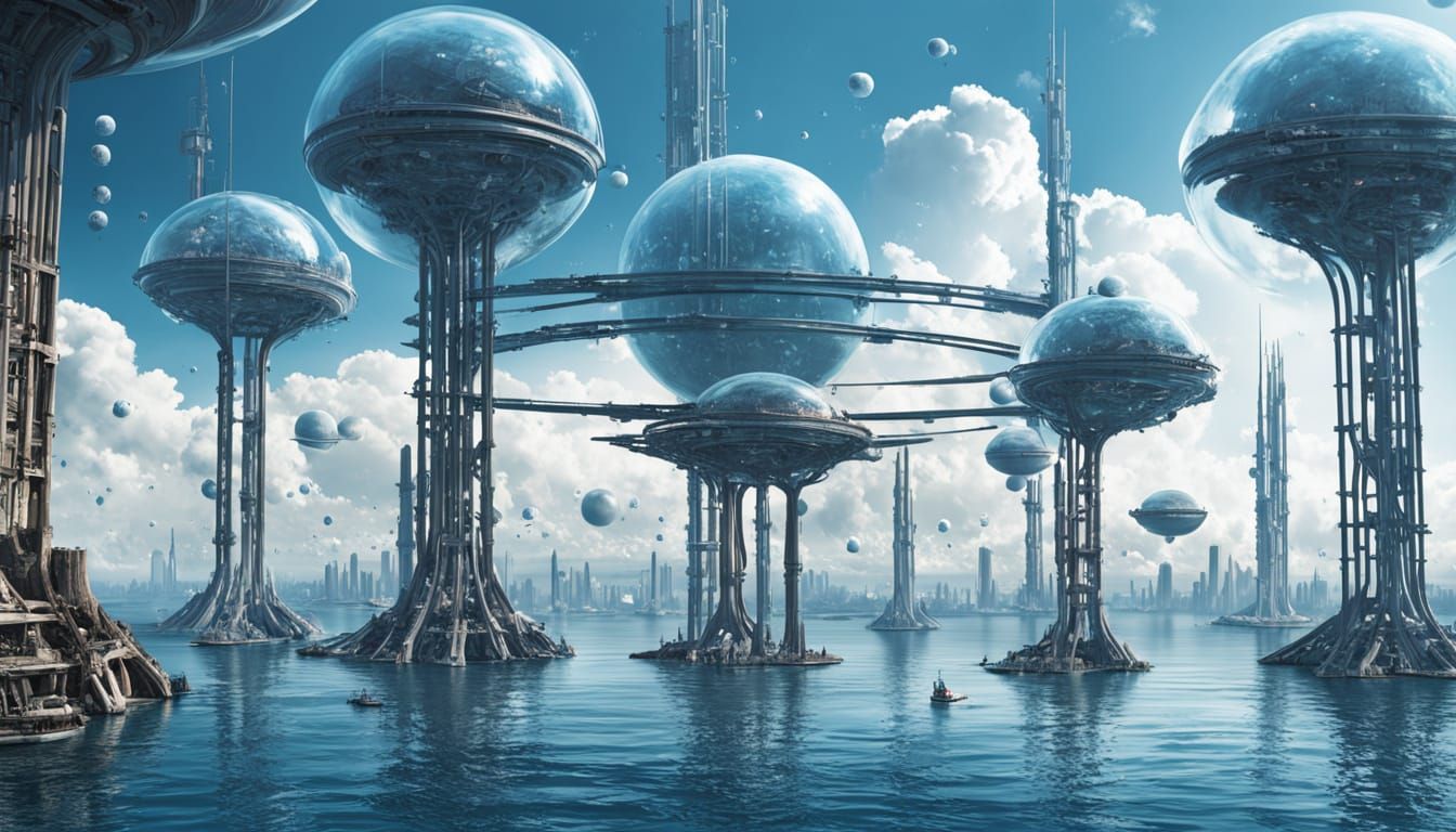 Futuristic Alien City Floating on Water Planet
