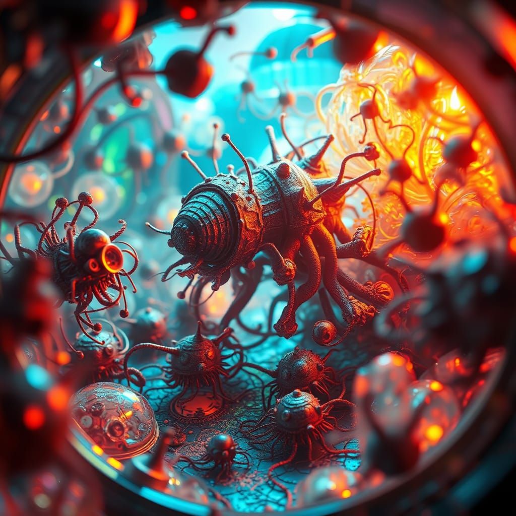 Glowing Microcosm of Biomechanical Organisms in Anime Style