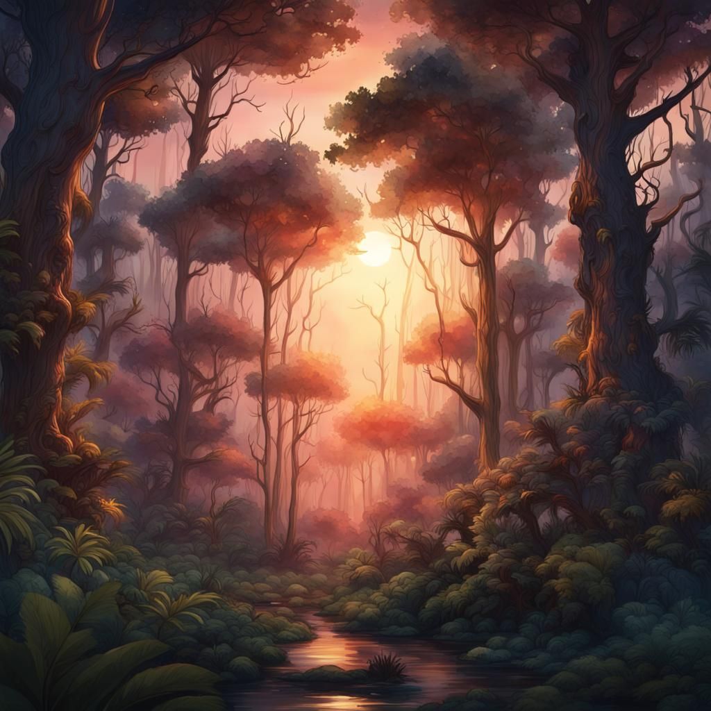 Moonlit Forest in Dreamlike Watercolor Style