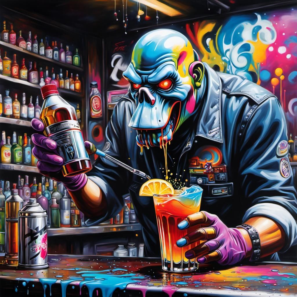 Cyborg Bartender in Graffiti Splash Art