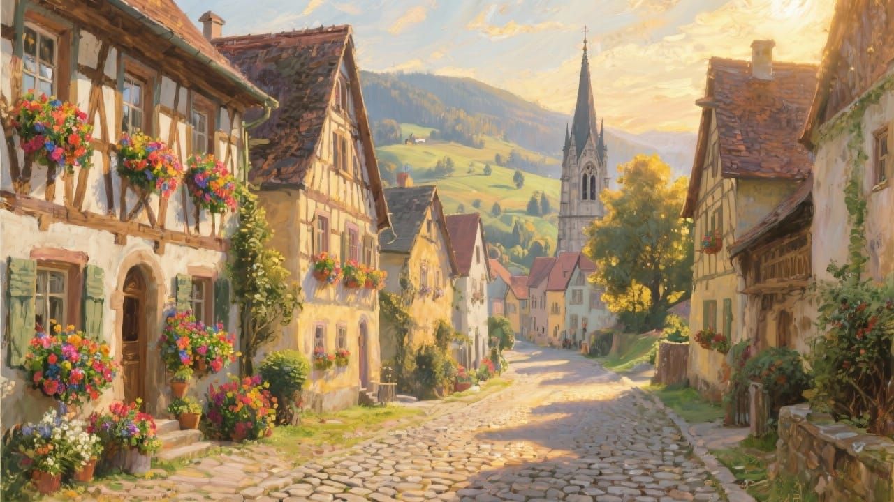 Picturesque Bavarian Town Oil Painting at Golden Hour