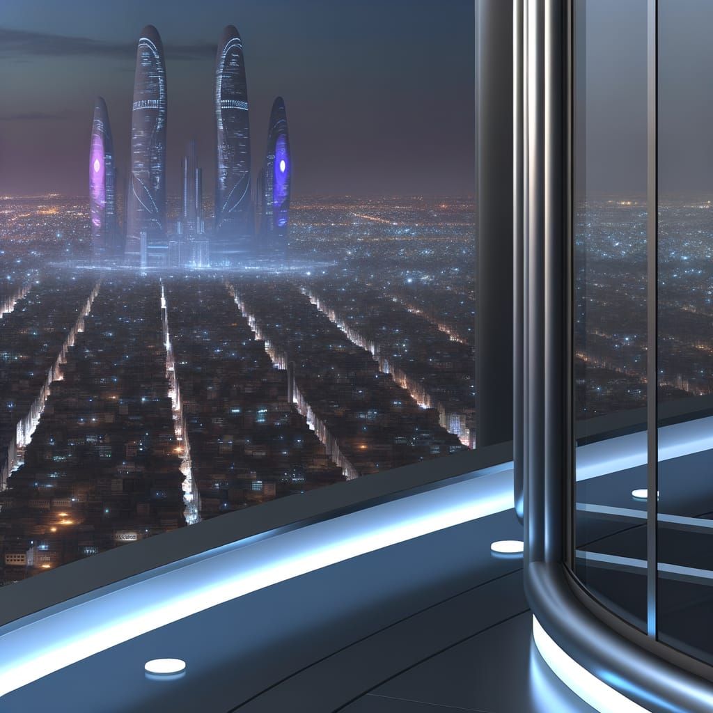 Futuristic Cityscape at Night From Skyscraper Balcony