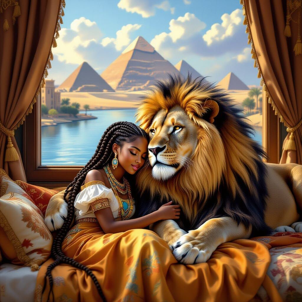 African Princess Cuddles Lion Companion in Palace Bedroom