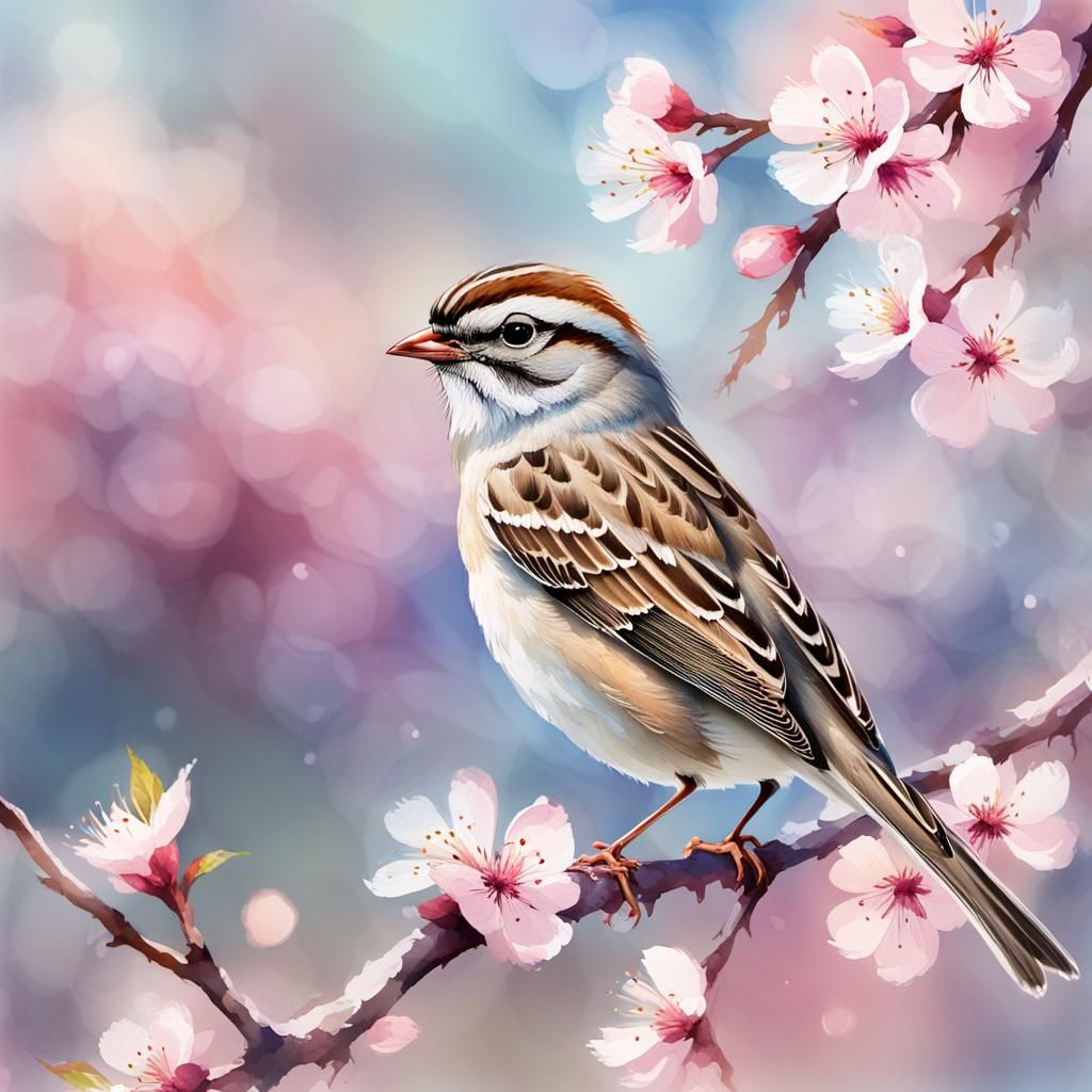 Chipping Sparrow in Watercolor Cherry Blossoms