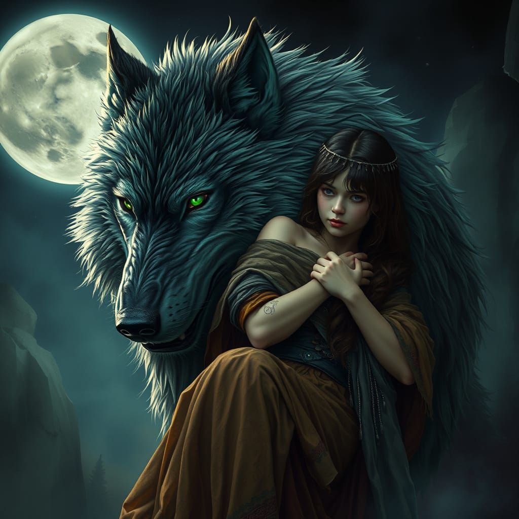 Ethereal Goddess and Her Direwolf Companion in a Dreamlike, ...
