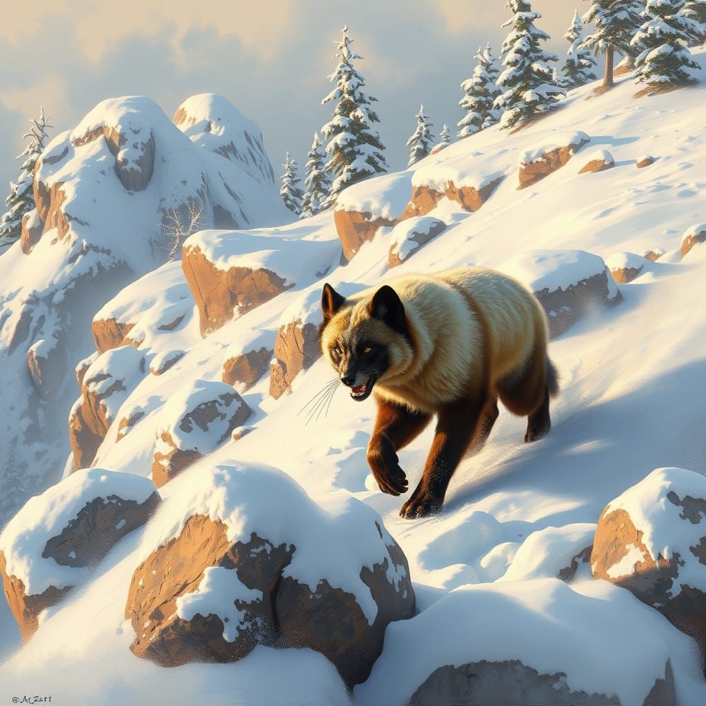 Wolverine Trotting Through Snowy Landscape as Oil Painting