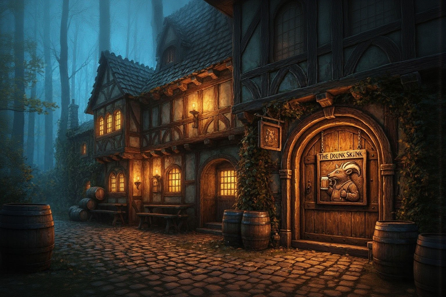 Medieval Tavern in Autumn Forest Oil Painting