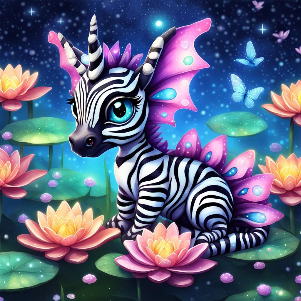 Adorable Zebra Dragon Cub in Fairy Pond